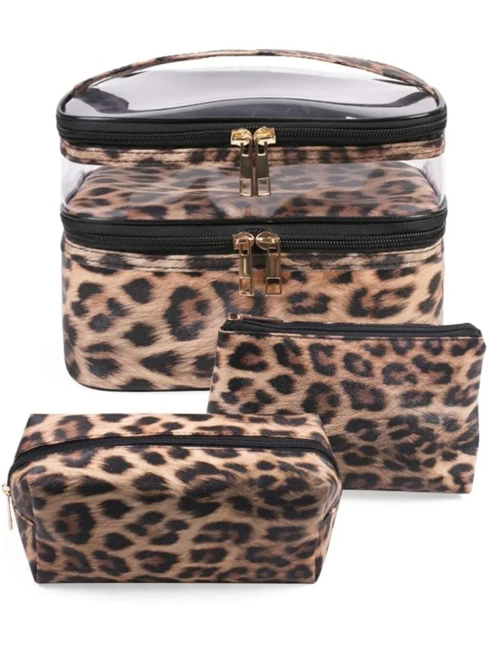 3-Piece Leopard Makeup Bag Set - Double Layer Travel Organizer, Waterproof